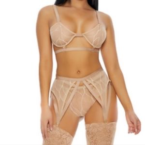 Nude 3 piece lingerie. Bra set lingerie. Sexy lingerie. Garter belt lingerie